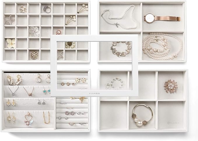 VLANDO Stackable 4-Layer Jewelry Tray - Multipurpose Jewelry Accessories Display Storage and Organizer for Earring Necklace Bracelet Ring, White with Clear Lid