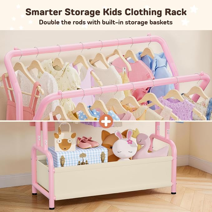 Kids Clothing Rack with Double Hanging Rods and Storage Basket | Child-Height Dress Up Storage for Toddler, Open Kids Closet for Baby Clothes, Costumes, Shoes and Toy, Bedroom Nursery