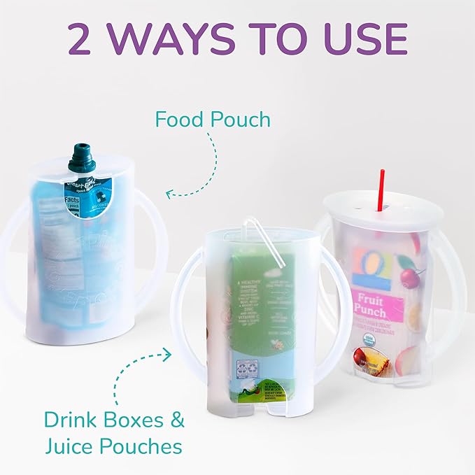 Flipping Holder Squeeze Proof Food Pouch Holder for Toddlers, Babies, Kids, Mess Free No Squeeze Juice Box Drink and Applesauce Snack Holder with Easy Grip Handles and Lid