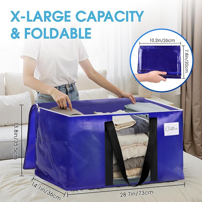 BlissTotes 2 Pack Moving Bags with Clear Window, Storage Bags with Strong Carrying Handles & Zippers,Large Packing Bags for Saving Space, Alternative to Moving Boxes(Blue,24 Gallon)