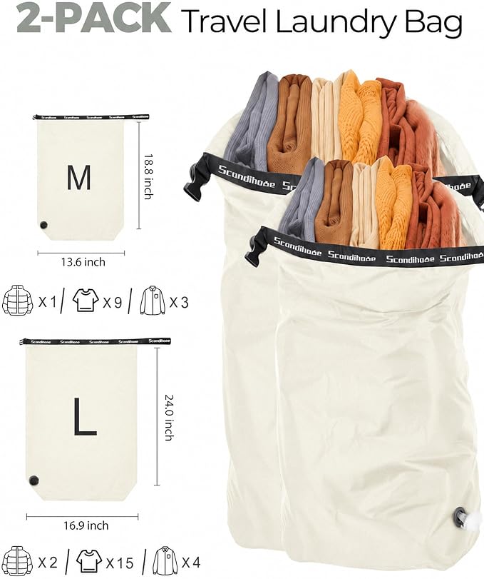 Travel Compression Laundry Bag, Pump-Free Vacuum Space Saver Bag for Dirty Clothes, Reusable Waterproof Wet Dry Bag, Travel Laundry Bag for Luggage, Packing, Suitcase (2 Pcs)（White, M + L)