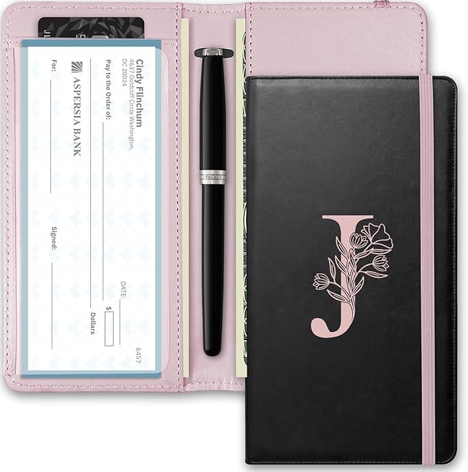 Letter Checkbook Cover, RFID Blocking Checkbook, Duplicate Checks with Pen Holder, Cards Slots, Multi-Functional Checkbook Holder for Personal and Business Checks