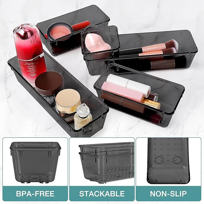 StorMiracle 25 PCS Drawer Organizer Set, 4 Varied Size Bathroom and kitchen Drawer cabinet organizer Trays, Clear Storage Bins for Makeup, Jewelry, Utensils and Gadgets，Black