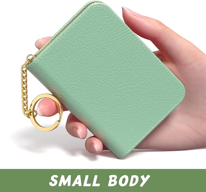 Aiawoxc Credit Card Holder for Women, Small RFID Wallet Slim Leather Business Card Organizer Case with Zipper and Keychain, Green
