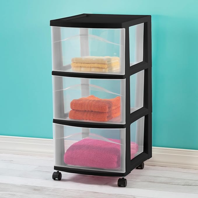 Sterilite 2 Pack 3 Drawer Storage Cart, Plastic Medium Organizer with Wheels, Black - Multipurpose Bin for Crafts, Accessories, or Office Supplies
