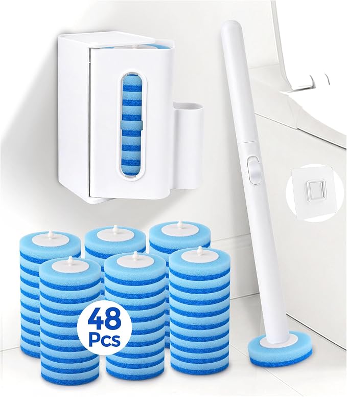 Disposable Toilet Brush and Holder Set with 48 Refills, Toilet Bowl Cleaner | Value Pack;Built-In Cleaner;Cleaner & More Hygienic;Hands-Free Disposal;Fresh Bathroom