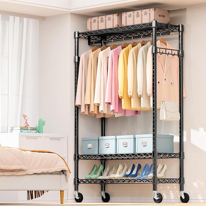 M MZG Heavy Duty Rolling Garment Rack 3 Tiers Adjustable Wire Shelving Clothes Rack with Rods and Side Hooks,Storage Closet Clothing Rack with Wheels Black 17.7" D x 47.2" W x 83.6" H