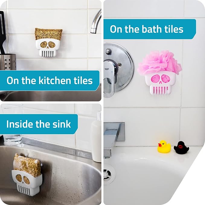 PELEG DESIGN Brain Drain White Skull Sponge Holder for Kitchen, Bath, or Sink, Drains and Dries All Types of Sponges, 1 Sponge Included