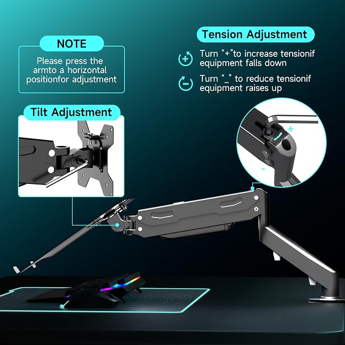 Pholiten 2 in 1 Laptop Desk Mount with Gas Spring Arm, Monitor Laptop Stand for 12-17 Inch Notebook and 13-32 Inch Computer Screen, Holds 22lbs, Full Motion with Vented Tray