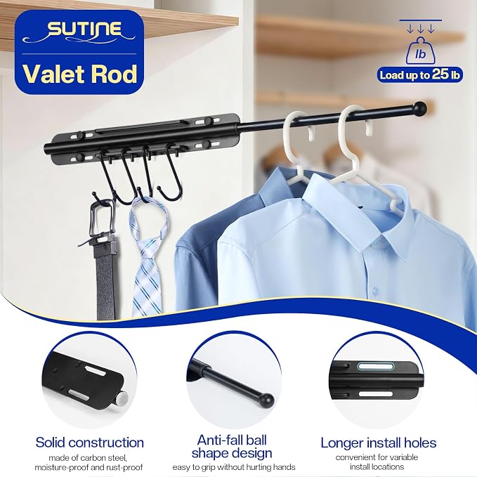 SUTINE 12 inch Valet Rod for Closet Pull Out, Heavy Duty Closet Valet Rods Slide Out, Adjustable Pull Out Closet Rods for Hanging Clothes with 4 Hooks Closet Organizers and Storage (Black)