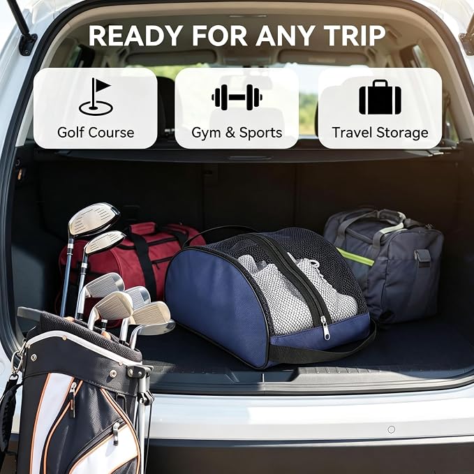Golf Shoe Bag with Full Top Mesh Ventilation, Zippered Sports Shoe Carrier for Travel, Fits up to Size 13 Men Women (Navy)