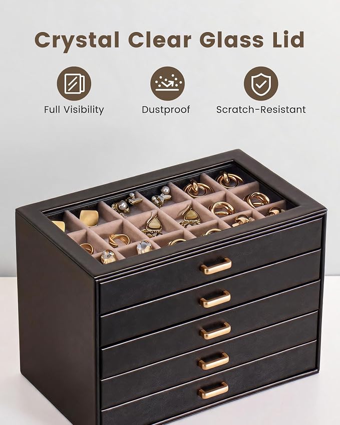 Lolalet Earring Organizer, Jewelry Box with Clear Lid -Black, 5 Layer | PU Leather, Velvet, Removable Dividers, Dustproof, Easy Clean, For Studs Rings, Gift for Women Girls, Home Aesthetic Decor
