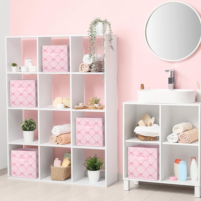 Geelin 6 Pcs Light Pink Bow Cube Storage Bins 11 Inch Storage Basket with Handle, Preppy Girls Organizer Basket, Collapsible Fabric Box for Classroom Bedrooms Office Home Decoration Gift