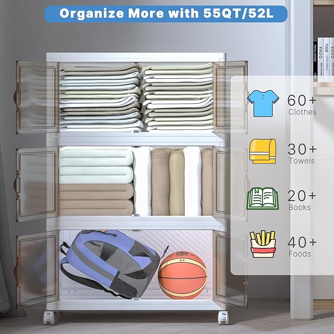 Stackable Storage Bins with Lids, Collapsible Storage Boxes, Foldable Plastic Storage Drawers for Bedroom,Office, Dorm (3, White, M)