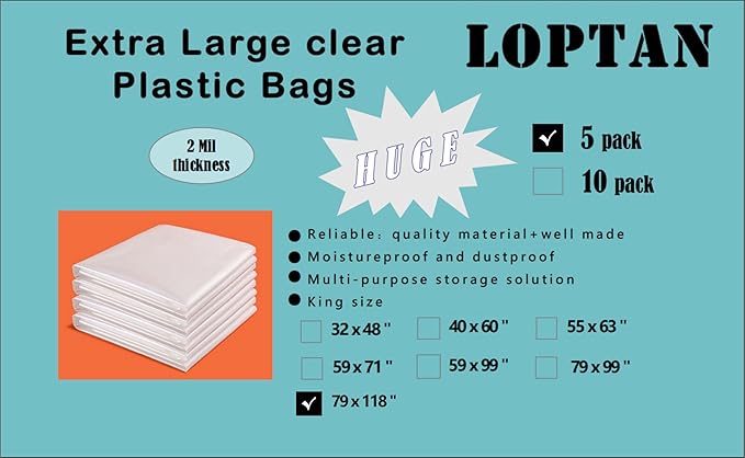 Extra Large Plastic Storage Bags 79 x 118 inches Huge Clear Giant Storage Bags Perfect for Moistureproof, Dustproof, Business Packing, Industry or Agriculture Use and More (5 Pack)