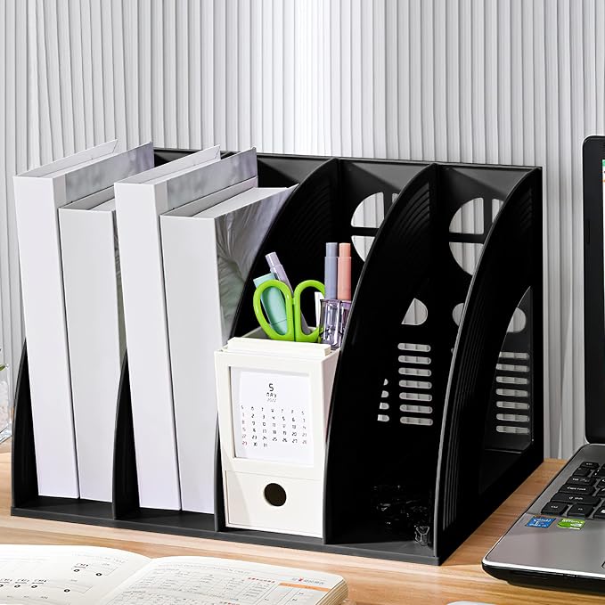 Marte Vanci Magazine File Holder Vertical PP Folder Book Desktop Organizer Plastic Storage Sturdy Vertical 4 Section Folder Black
