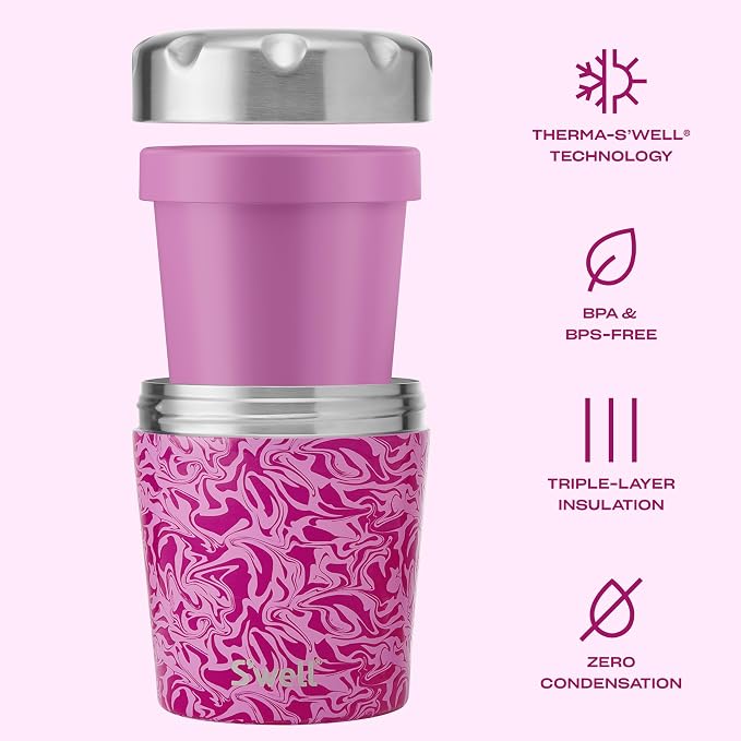 S'well Stainless Steel Ice Cream Chiller, 16oz, Strawberry Swirl, Triple Layered Vacuum Insulated Container Keeps Ice Cream Frozen For Up To Four Hours, BPA Free