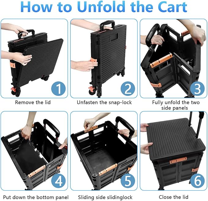 FELICON SELORSS Foldable Utility Cart Folding Portable Rolling Crate Handcart with Heavy Duty Telescoping Handle Collapsible 4 Rotate Wheels for Travel Shopping Move Luggage Office Use(Black+Black)