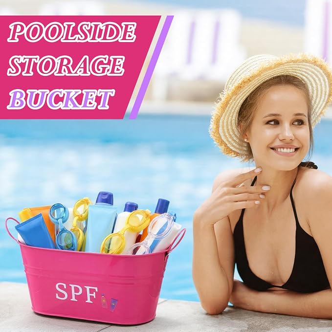 Blulu SPF Storage Bucket Metal Poolside Basket Above Ground Pool Bin Summer Basket Outdoor Storage for Sunscreen Goggles Flip Flop Spf Swimming Camping Beach Accessories Decor(Pink)