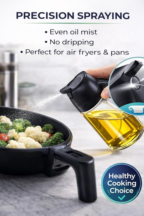 Olive Oil Sprayer, 16oz/470ml Glass Oil Sprayer for Cooking, 2-in-1 Oil Dispenser Bottle & Oil Mister for Air Fryer, Salad Dressing, Frying, BBQ, Grilling, Kitchen Use