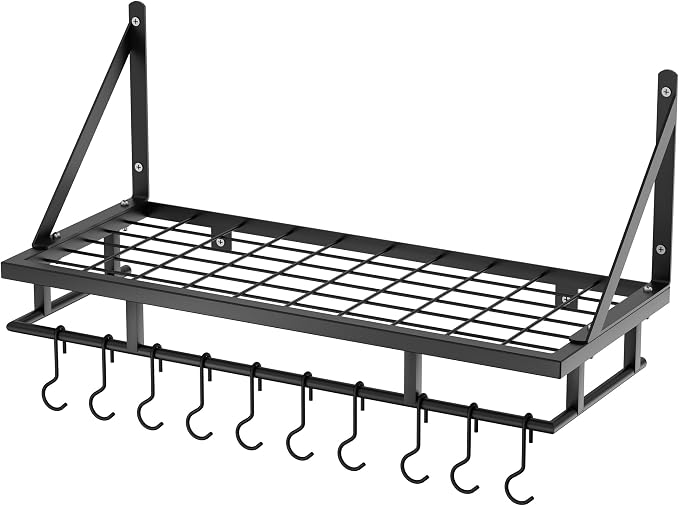 KES 24 Inch Kitchen Pot Pan Rack Wall Mounted, 10 Hooks, Matte Black | 88lbs Load Capacity, Heavy Duty, Cast Iron Pots and Pans Organizer, Hanging Storage, Wall Shelf, Space Saving, KUR215S60-BK