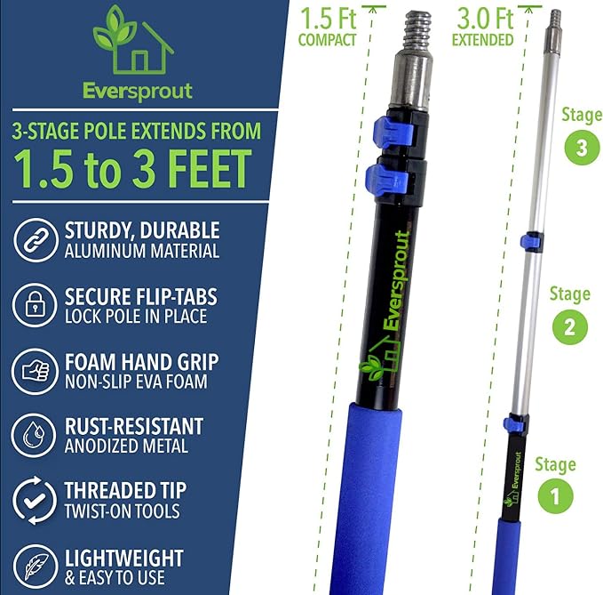EVERSPROUT Cobweb Duster & 1.5 to 3 ft Pole, Indoor & Outdoor | Medium-Stiff Bristles, for Ceilings, Walls, Corners, Beams, Shelves, Window Screens and more, Lightweight, 3/4" Acme thread