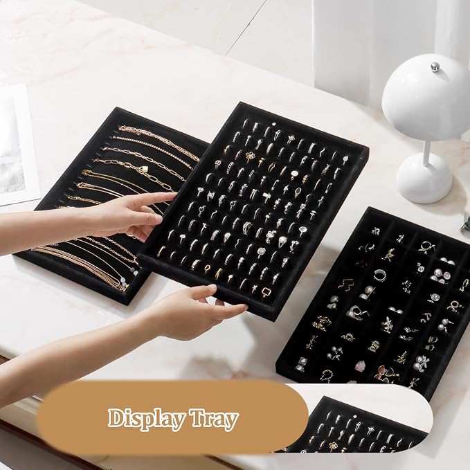 Large Jewelry Organizer for Drawer Insert Velvet Stackable Jewelry Trays for Earring Necklace Bracelet Ring Display (Black, Ring 100 Slots)