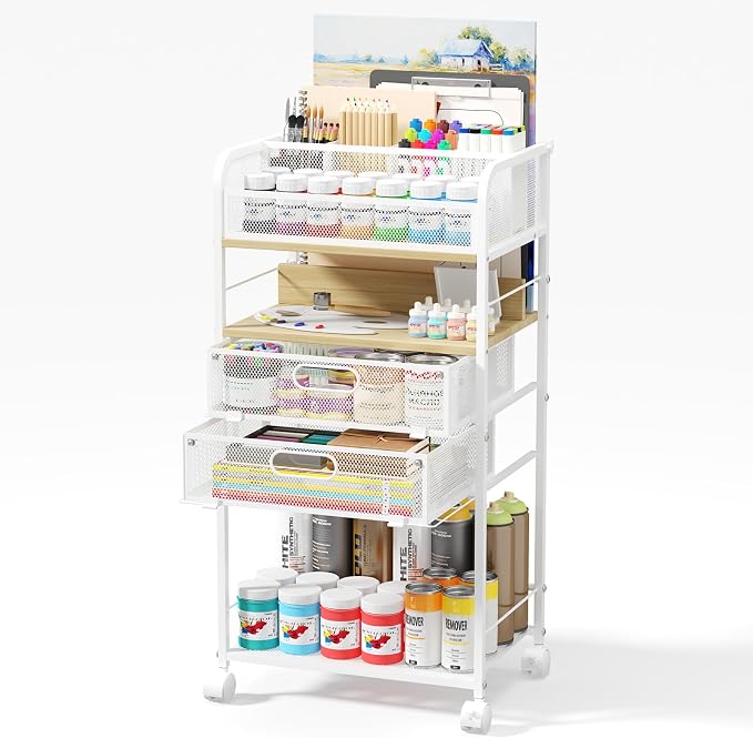 Homsorout Art cart, 5 Tier Rolling Cart - Utility Cart with Storage Drawer and Wheels, Versatile Art & Craft Organizer for Home, Office, or Studio Ideal for Storing Brushes, Paints （Maple）