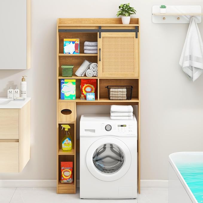 Vabches Over The Toilet Storage Cabinet with Sliding Barn Door. Rattan Oak | Farmhouse Storage Cabinet with Toilet Paper Holder Stand, Home Space-Saving Toilet Rack, for Bathroom, Restroom, Laundry