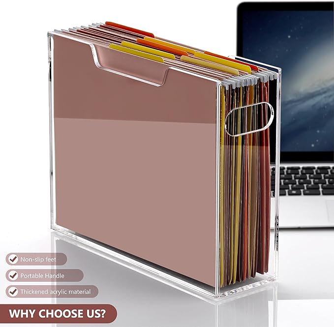 DINGHUO Acrylic File Organizer Box Letter Size Hanging File Organizer, Clear Portable File Folder Box with Handle, Filing Crate Bin Holder for Desk, Office, Home, School - 1 Pack