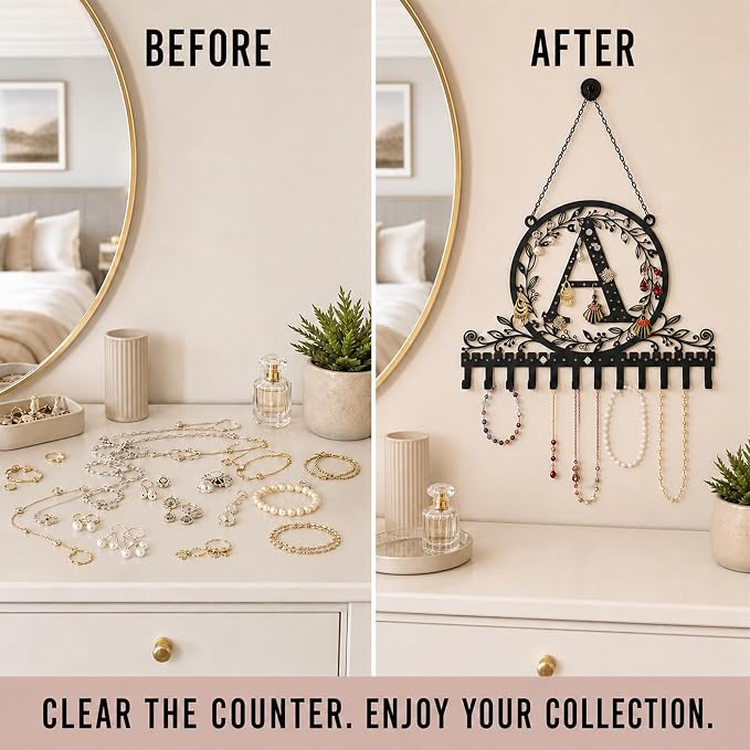 Personalized Wall Mounted Metal Initial Letter A Earring Holder Jewelry Organizer for Earrings and Necklaces Space Saving Wall Display with Hooks Jewelry Storage Bedroom Vanity Gift for Women