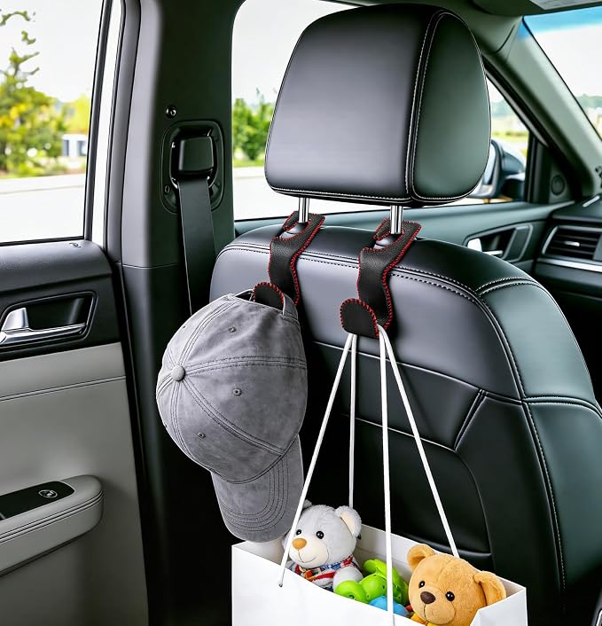 EldHus Car Seat Hooks for Purses and Bags, 4 Pack Car Purse Holder for Grocery Bag Handbag Clothes, Metal Headrest Hooks Covered by Leather, Black Red