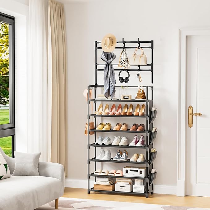 OYREL Shoe Rack 7 Tier Shoe Organizer Storage 21-28 Pairs | Closet Shoes Rack for Front Door Entrance Shoe Rack Organizer with Hooks Side Pocket Entryway Large Capacity Shoe Shelf Tower