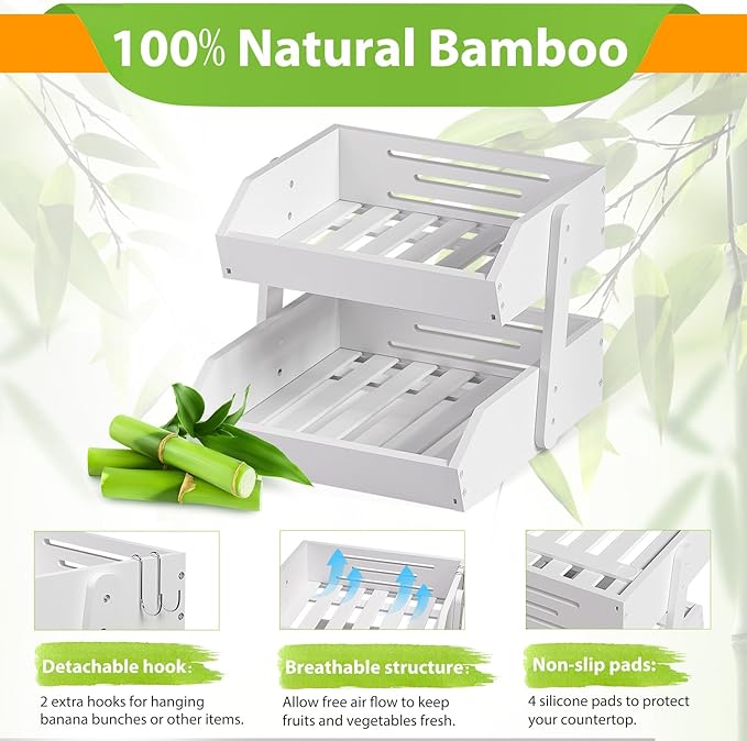 Gmtsl Bamboo Fruit Basket for Kitchen, Fruit Holder for Kitchen Countertop | 2 Tier Fruit bowl for Kitchen Counter, Fruit Stand, Vegetable Basket Storage, Produce Organizer, Bread Snack Display(White)