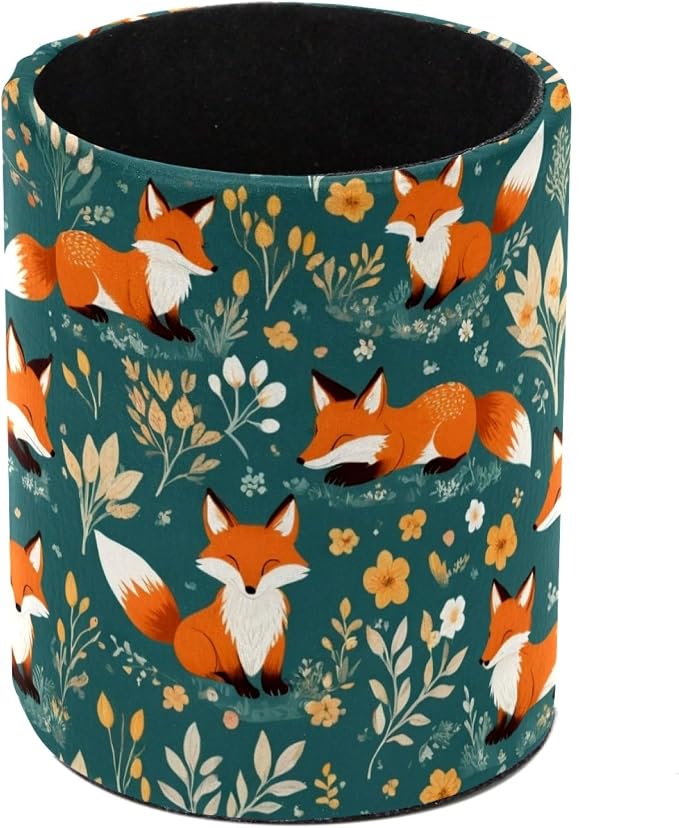 Faux Leather Pen Holder for Desk, Pencil Organizer Cartoon Little Fox Pen Cup Desk Decor Makeup Brush Holder Storage for Office Home