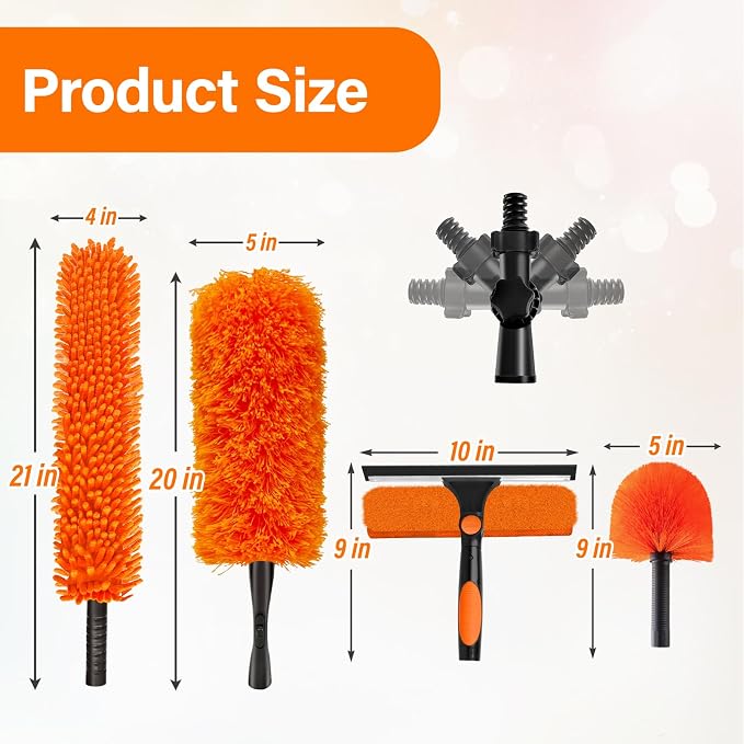 36FT High Reach Duster with Extension Pole 5-30FT, 4-in-1 Cleaning Kit with Universal Swivel Joint, High Ceiling Fan Cleaner Duster, Cobweb Duster, Microfiber Feather Duster and Window Squeegee