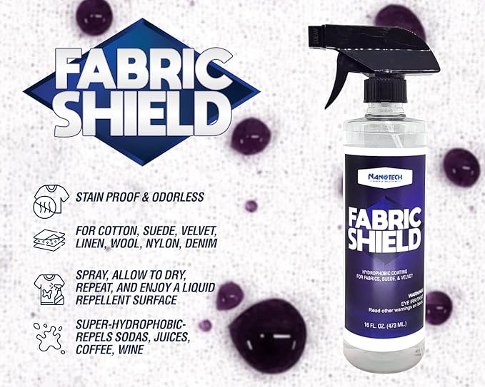 Nanotech Surface Solutions Fabric-Shield Sio2 Ceramic Liquid Repellent for Fabrics, Upholstery, Suede, Wool, Linen Prevents Stains from Wine, Coffee, Juice, Liquids Invisible Coating (16 Oz.)