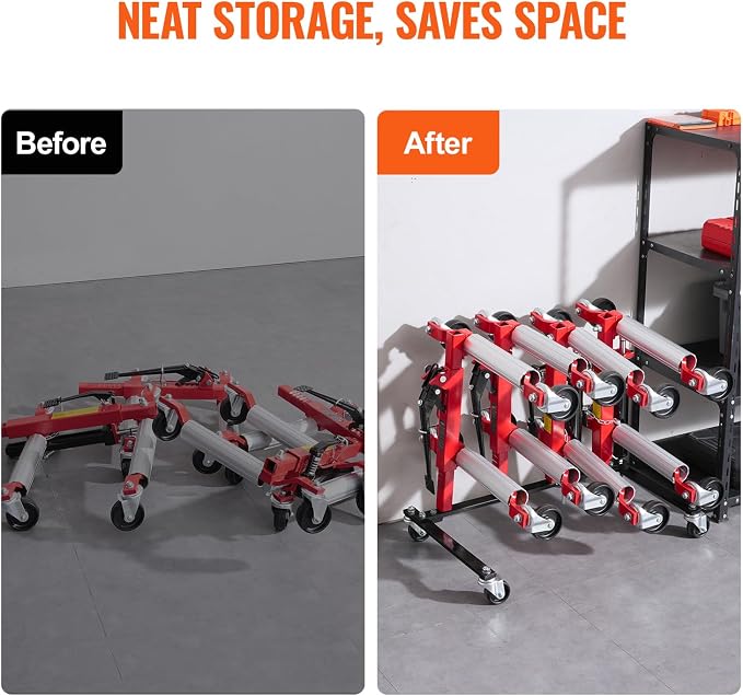 VEVOR Car Dolly Rack, Storage Rack with 360° Rotatable Wheels, Hydraulic Ratchet Trolley Jack Stand Organizer, Jack Stands Holder Storage Rack, 4-Dolly Capacity, Compatible with Most Dollies