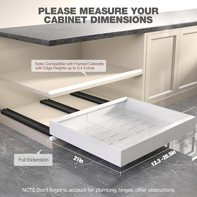 Seinloes 6 Pack Pull Out Cabinet Organizer 21" Deep,Full Extension 3 Slide Rails Slide Out Drawers With Raising Pad for Framed Cabinets,Expandable Width (12.3"-20.5"),No Drill Roll Out Shelves,White