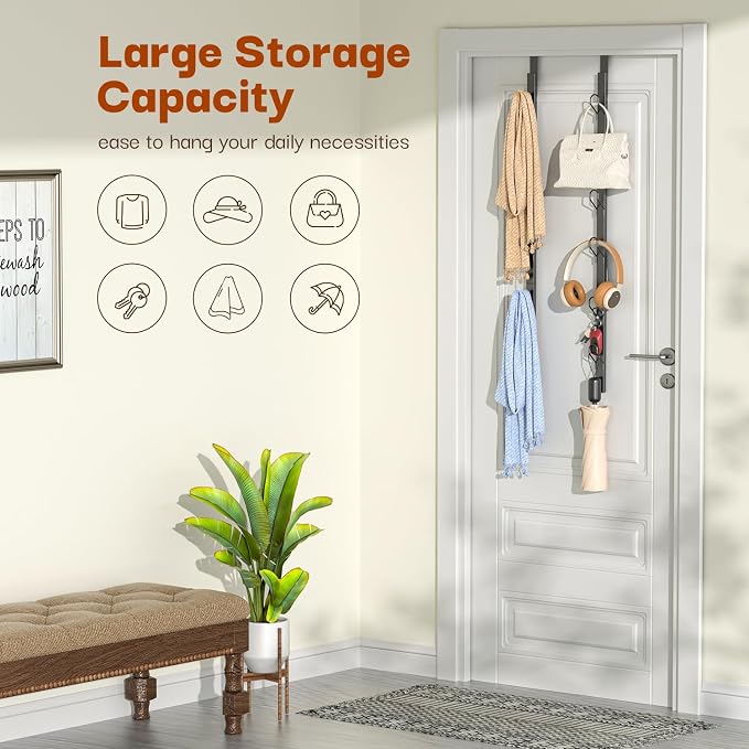 Over the Door Hooks Long with 6 Hooks, Behind the Door Towel Racks for Bathroom, Door Purse Bag Coat Robe Hanger, Hat Clothes Hanging Organizer with Non-Slip Pads & Suction Cups, 28.3 Inches, Black