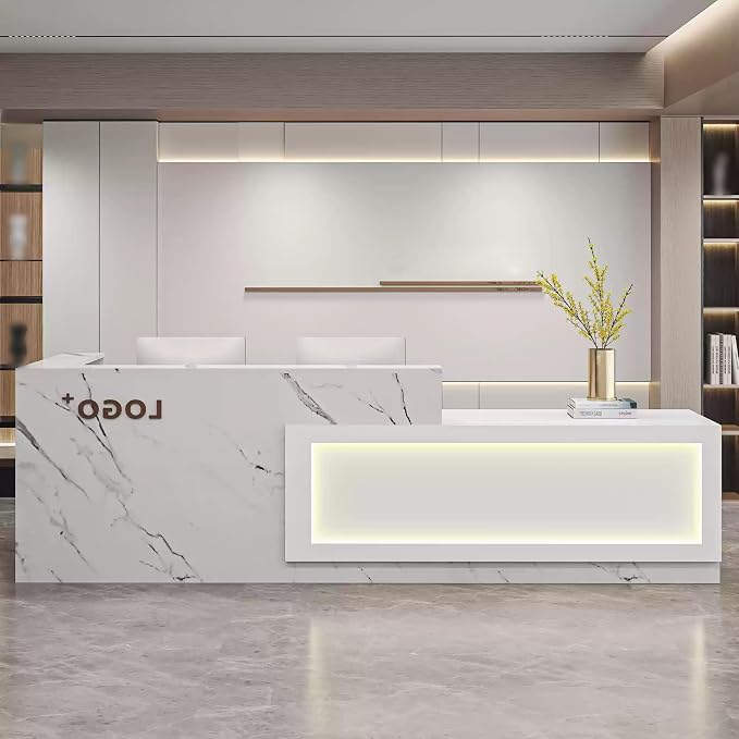 Modern Reception Desk with Counter, Front Desk Reception Counter with Lockable Drawer, Keyboard Tray & Storage Cabinet, Solid Wood Receptionist Table for Salon Office Lobby (D - Right, L 300cm/118in)