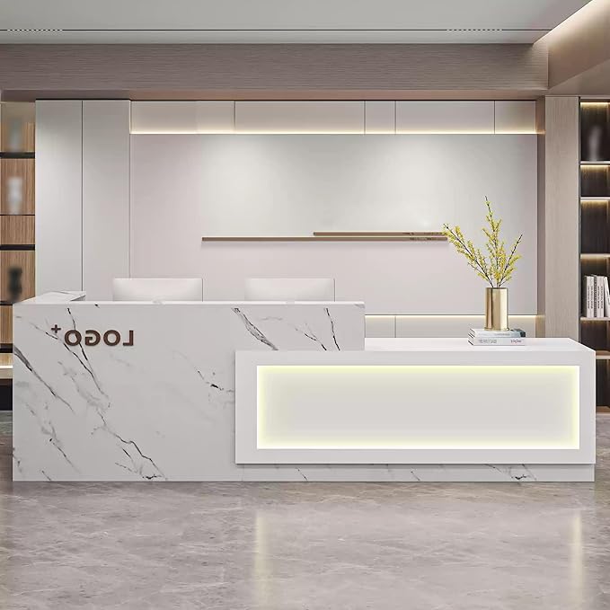 Modern Reception Desk with Counter, Front Desk Reception Counter with Lockable Drawer, Keyboard Tray & Storage Cabinet, Solid Wood Receptionist Table for Salon Office Lobby (D - Right, L 2.8m/110in)