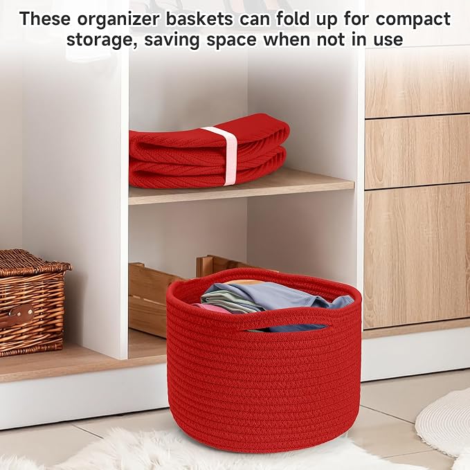 Small Rope Baskets for Storage, Baskets for Gifts Empty, Cute Round Woven Basket, Decorative Shelf Baskets 9.82×9.82×7.1", Cotton Toy Basket Storage Bins for Organizer 3 Packs-Red