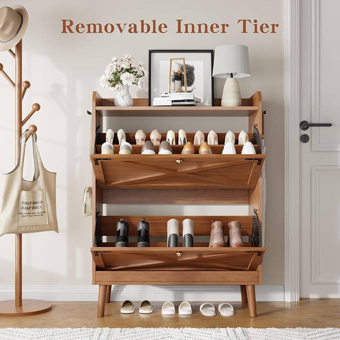 Shoe Storage Cabinet with 2 Flip Drawers & Adjustable Shelves, Freestanding Shoe Cabinet with Side Hooks Narrow Shoe Rack Cabinet for Entryway