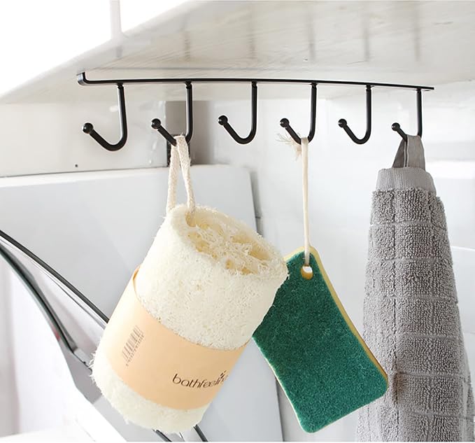 1 Pack Hanging Hooks Rack Under Cupboard Cabinet Cup Holder Kitchen Utensils Holder 6 Hooks Drilling Free Coffee Cups Holder Kitchen Utensil Storage Organizer Hook Rack (White)