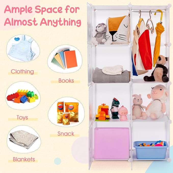 INFANS Children Wardrobe, Kid Closet Portable Baby Dresser Cute for Kids Bedroom Nursery Armoire with Doors 12 Cube 2 Hanging Sections, Kid Clothes Storage Organizer (White, 8 Cubes)