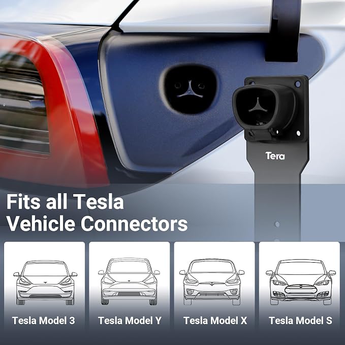 Tera EV Charger Cable Holder for Tesla: Waterproof Wall Mount Connector Organizer with J-Hook for Electric Vehicle Charging Station