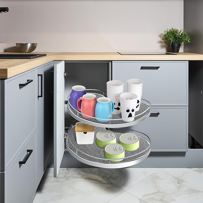 Frienda 2 Pcs Lazy Susan Shelf Liners - Non Adhesive, Non Slip Kitchen Cabinet Liners for Refrigerator, Pantry, Sink & Cupboard Storage(26 Inch,Gray)
