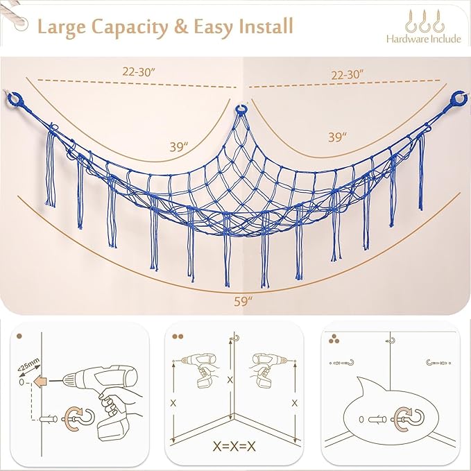 YKBU Stuffed Animals Hammock Corner Hanging Net for Macrame Stuffed Animal Storage Plush Toy Holder Toy Organizer for Boho Nursery Playroom Bedroom Kids Room Decor (blue, Large)