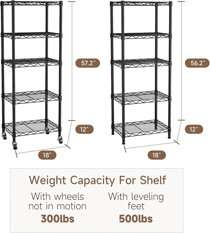 Golpart Small Shelves Storage Wire Metal Adjustable Shelf Unit with Wheels | 5 tier Shelving Organizers Storage Shelving for Bathroom Laundry Room Kitchen Pantry 11.7”D x 17.7”W x 57.2”H Black